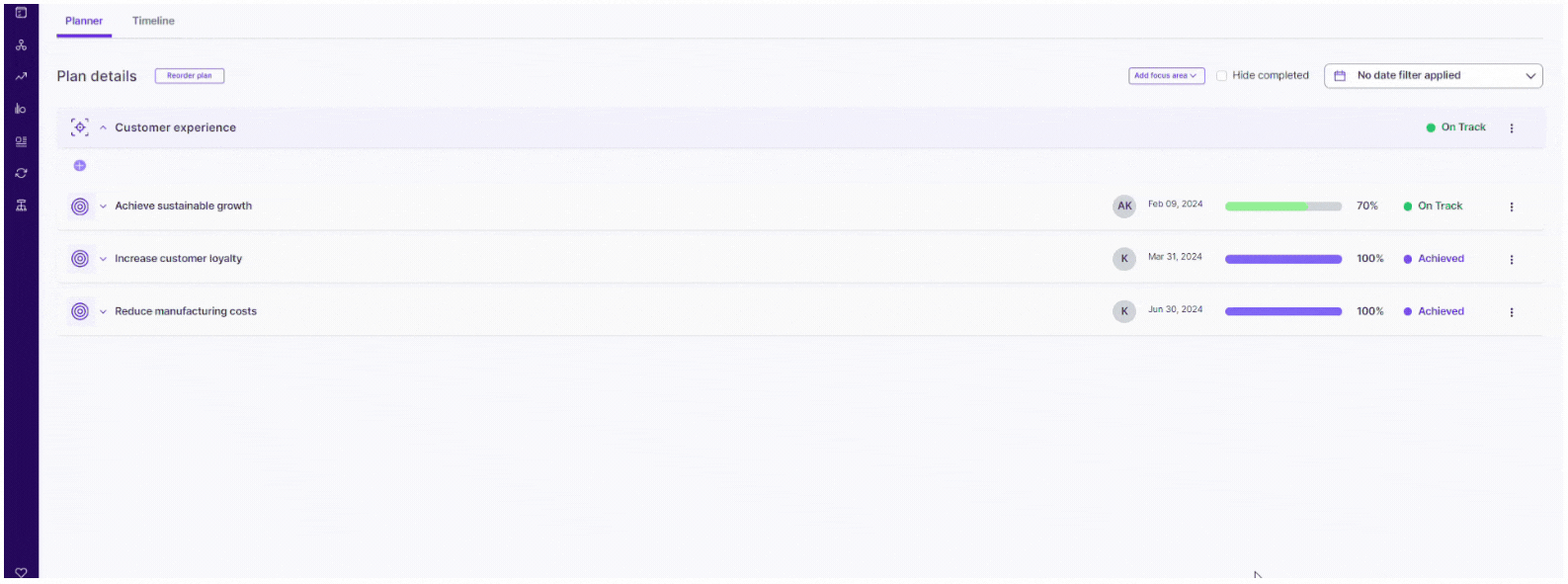 Date filters in planner