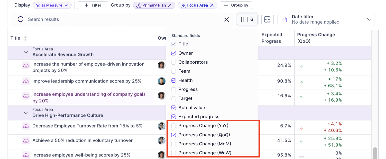 Report Tables: Progress change columns